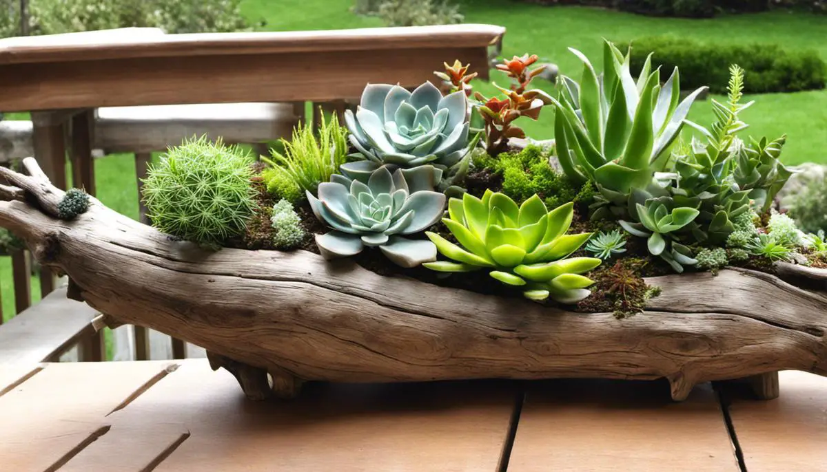 A beautiful driftwood planter adorned with succulents, moss, and other plants, creating a natural and visually stunning display.