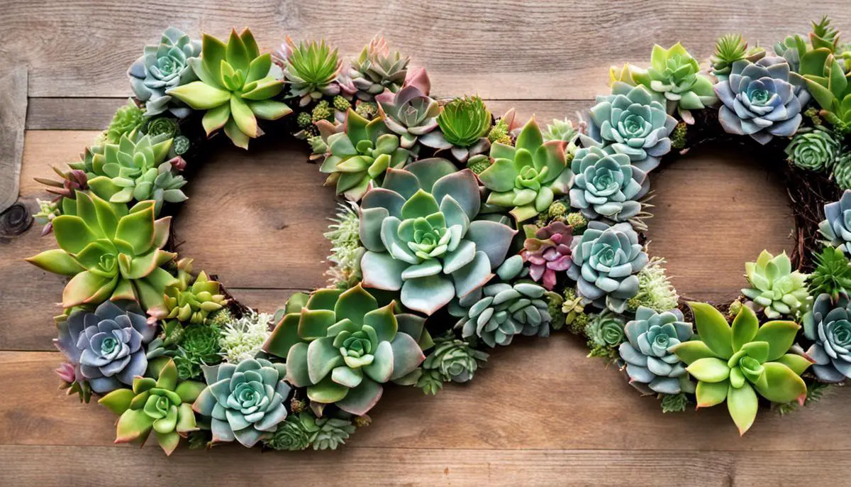 A beautiful succulent wreath with a variety of colorful succulents arranged in a circular pattern