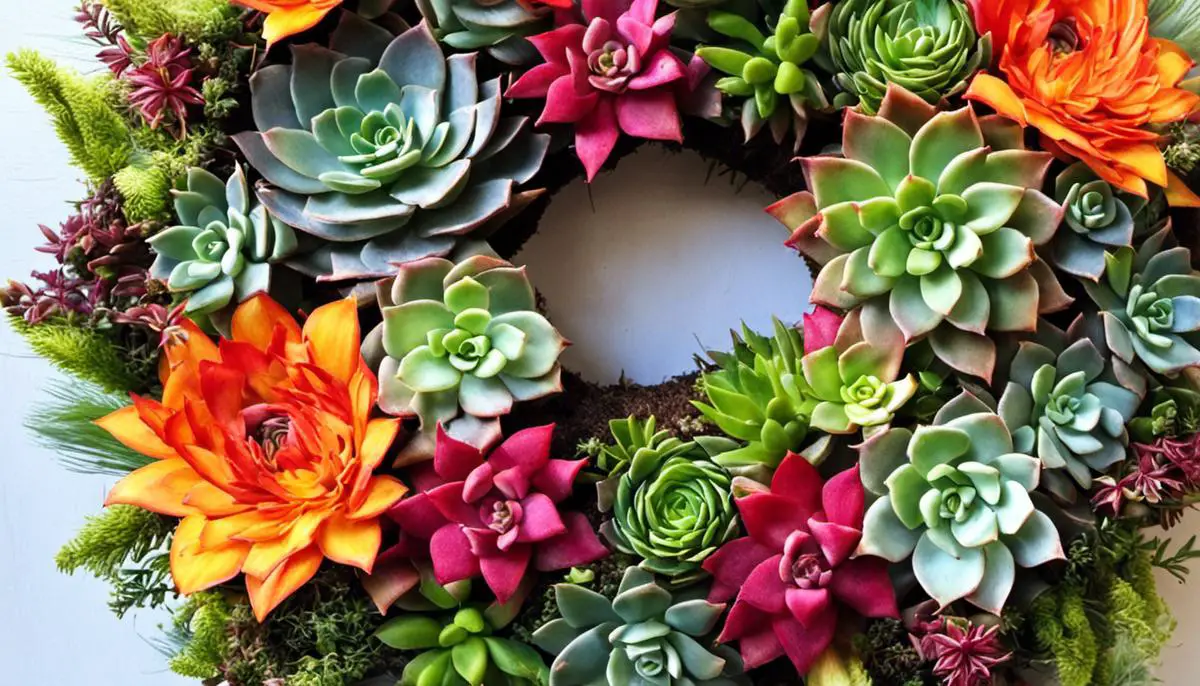 A visually appealing succulent wreath design with vibrant colors and varied textures.