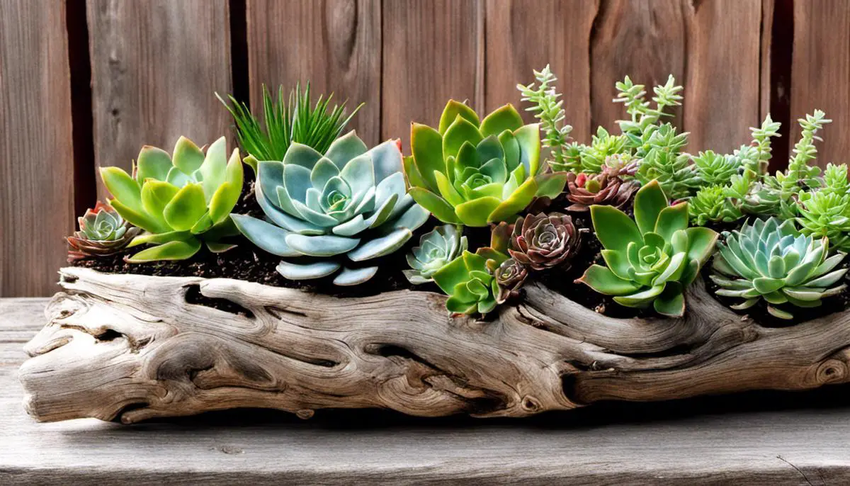 An image of a driftwood planter with succulents planted in it, showcasing its natural and rustic beauty.