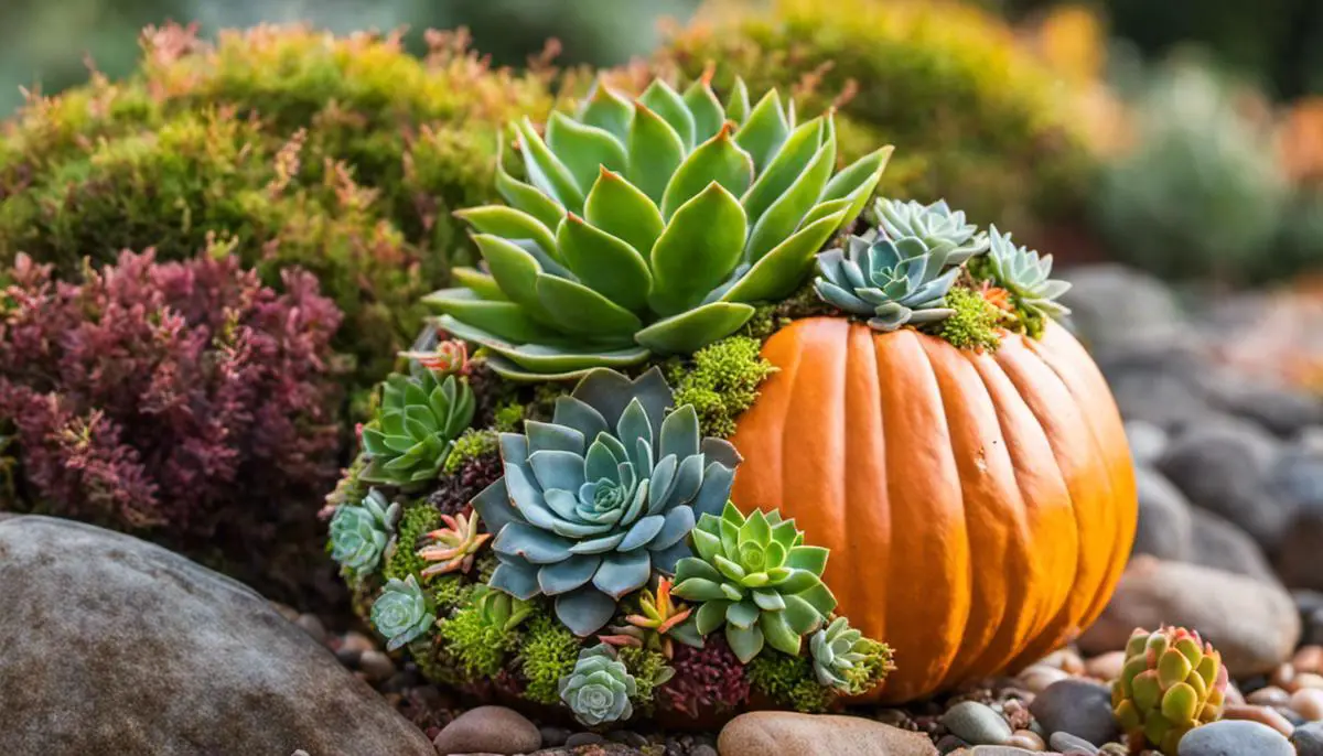 A succulent pumpkin with various colorful succulents arranged on a pumpkin covered in moss, surrounded by small pebbles for decoration.