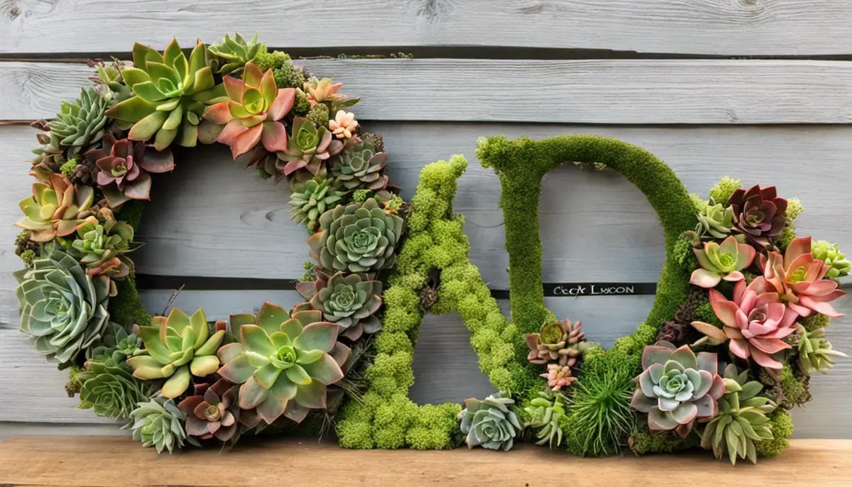 A beautiful succulent wreath with various types of succulents arranged in a wire frame covered in moss.
