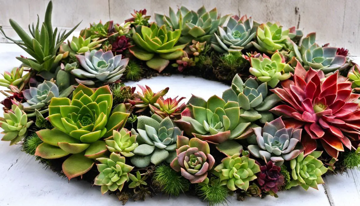 A beautifully arranged wreath made with various types of succulents, showcasing different colors, shapes, and sizes.