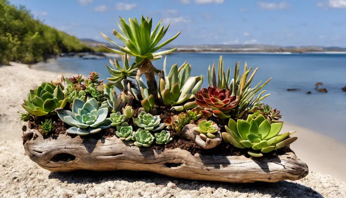 Image of a driftwood succulent planter, showcasing a creative and natural art piece for home or garden.