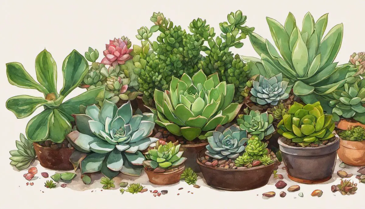 Illustration of the process of preparing succulents by trimming and soaking.