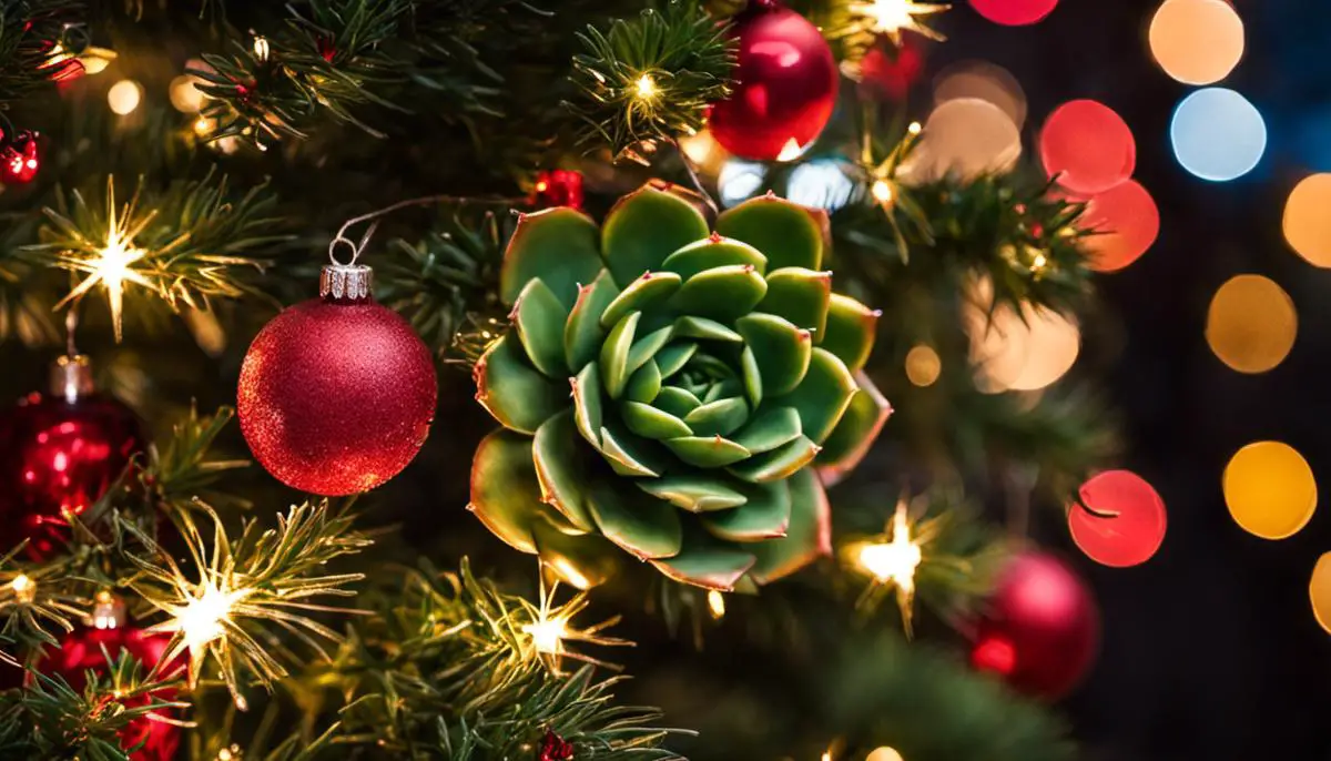 Image of a festive succulent christmas tree decorated with twinkle lights.