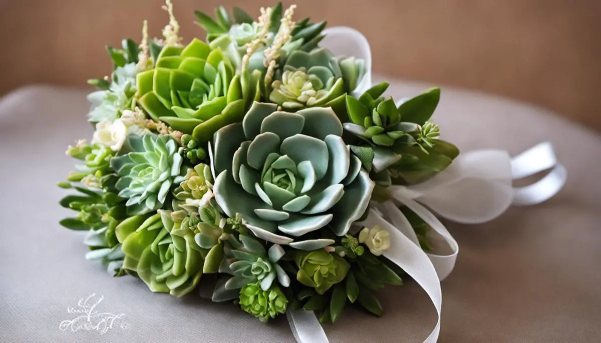 A beautifully crafted succulent corsage with vibrant green succulents and delicate filler flowers, elegantly wrapped in an organza ribbon.