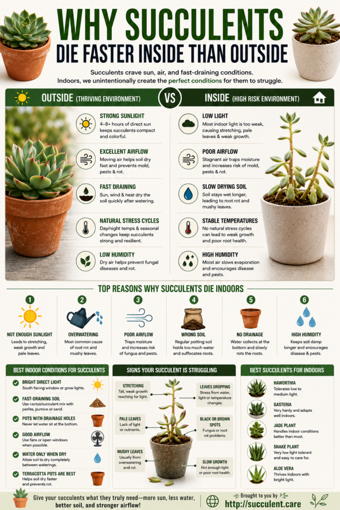 Infographic on why succulents die faster inside than outside