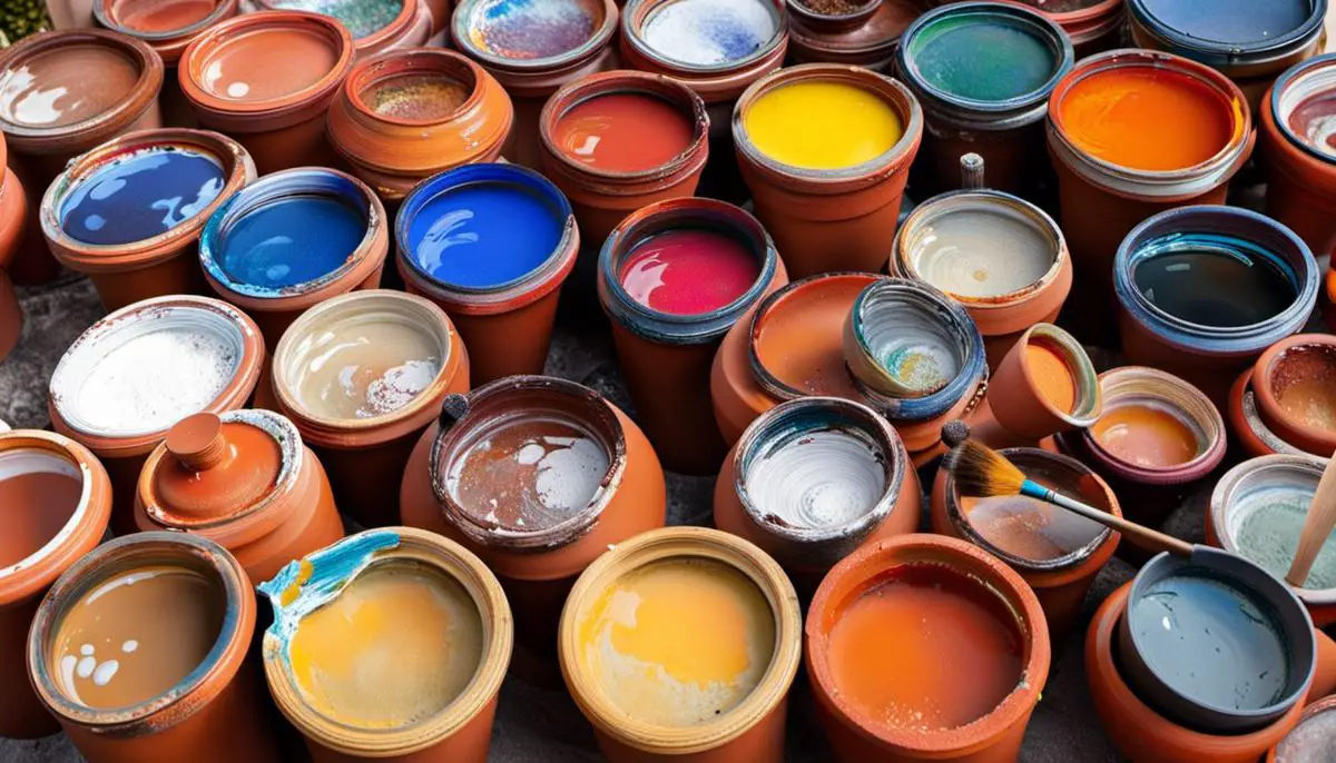 A variety of paint brushes and terracotta pots in different stages of being painted.
