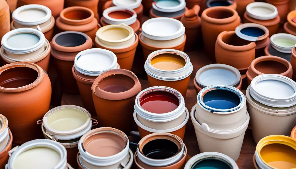 A photo of different paint colors and a terracotta pot, representing the topic of choosing the right paint for terracotta pots.